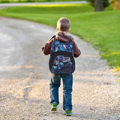 Vista 5 de Mochila escolar para niños y niñas, mochila escolar para preescolar y jardín de infantes, bolsas de guardería, Vehículo todoterreno negro-azul