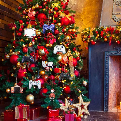 Vista 6 de Kathfly 27 piezas de adornos de videojuegos navideños para árbol de Navidad, controlador de sistema de madera, etiqueta colgante para fiesta