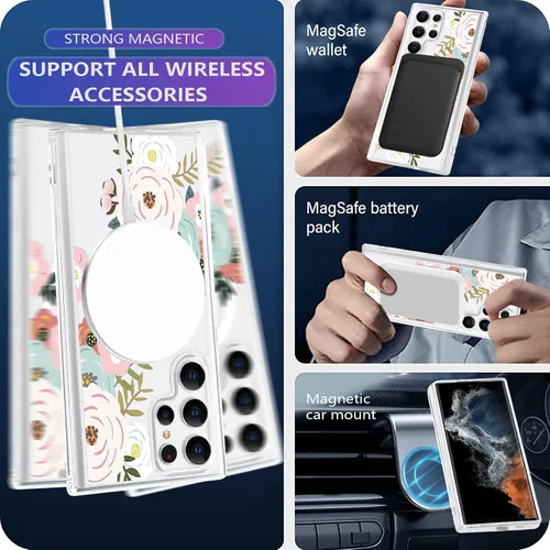 Vista 4 de Funda magnética para Samsung Galaxy S22 Ultra Flower, compatible con MagSafe, patrón floral transparente a prueba de golpes, parte trasera
