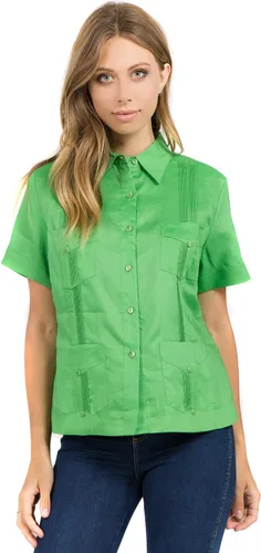 Vista 16 de Mojito Guayabera de manga corta 100% lino tradicional con cuatro bolsillos para mujer