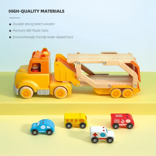 Vista 5 de Juguetes de autos para niños pequeños de 2, 3, 4, 5 años, juguete de camión transportador con 4 vehículos de madera, remolque de pista plegable