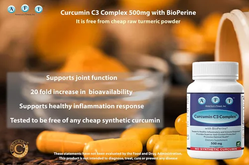 Vista 5 de AFI Curcumina C3 Complejo con BioPerine, 60 cápsulas vegetales Apoyo a la salud articular, antioxidante, cúrcuma 95% curcuminoides, pimienta negra