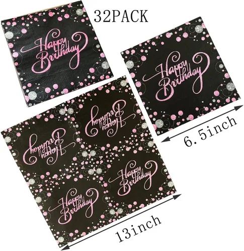 Vista 6 de Servilletas de papel desechables de feliz cumpleaños, color negro y rosa para adultos y niños, fiesta de cumpleaños, papel para bebidas, cóctel, 13