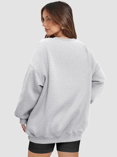 Vista 4 de ATHMILE Sudadera de gran tamaño para mujer, cuello redondo, forro polar, manga larga, sudaderas con capucha, tops de otoño, ropa de moda 2024