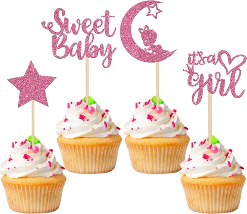 Vista 15 de 36 piezas de decoración para cupcakes con diseño de luna con purpurina de luna y estrella para revelación de género de bebé, baby shower, fiestas