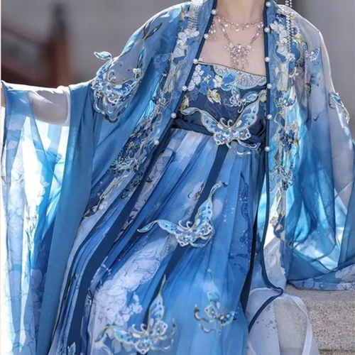 Vista 6 de Vestido Hanfu para mujer, disfraz de Tang bordado Hezi, falda de rendimiento