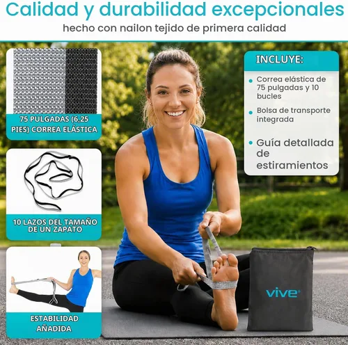 Vista 4 de Vive Correa elástica – Banda elástica de piernas para mejorar la flexibilidad – Correa de yoga elástica – Cinturón de ejercicio y terapia física Gris