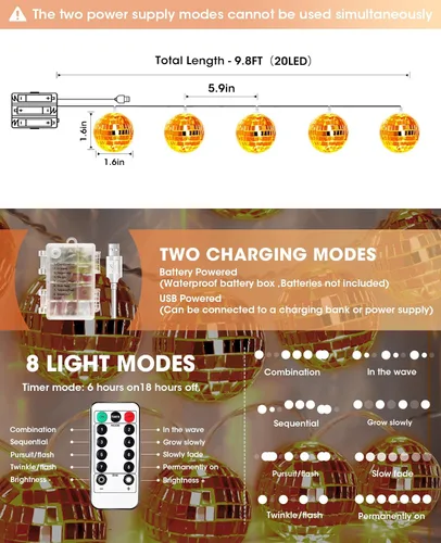Vista 5 de AceList Bola de discoteca naranja decorativa con 20 LED, luz de cuerda de 9.8 pies - Funciona con pilas y enchufe USB, decoración de otoño