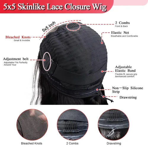 Vista 2 de Aaliweya Pelucas de cabello humano ondulado con cierre de encaje suizo real HD de 5 x 5 para mujer, densidad 15A, 200%, sin pegamento, con cordón