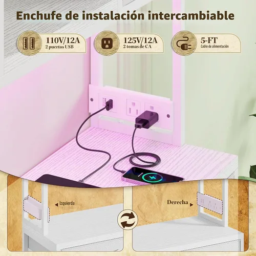 Vista 5 de Cómoda de tela blanca de 62 pulgadas de alto para dormitorio con cajones grandes, cómodas con luces LED y estación de carga, cómoda resistente