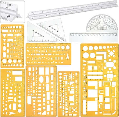 Vista 7 de Zonon 10 plantillas de plástico para dibujo, regla geométrica, plantillas de medición de aluminio triangular de 12 pulgadas, kit geométrico