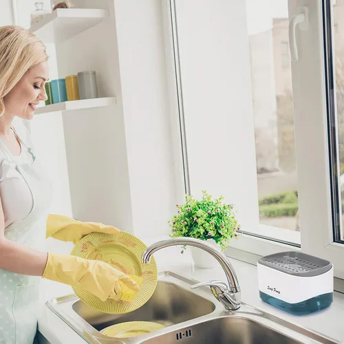 Vista 2 de Dispensador de jabón de calidad premium para cocina - Dispensador de líquido lavavajillas con soporte para esponja, bomba de fregadero y soporte