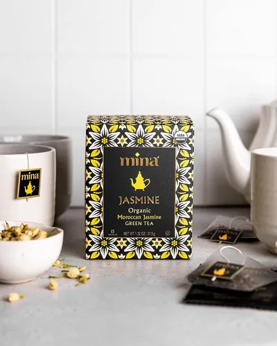 Vista 5 de Mina Té verde orgánico de jazmín marroquí, 15 sobres biodegradables, bolsas de té verde perfumadas a jazmín, rico en antioxidantes con esencia