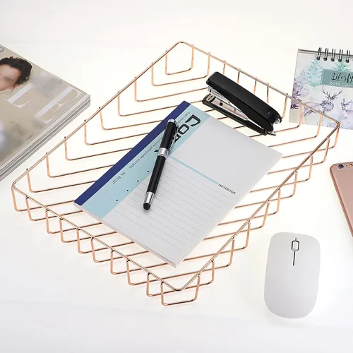 Vista 4 de BTSKY Bandeja de archivos A4 multiusos de alambre para escritorio, organizador elegante de tamaño carta, bandejas para documentos de escritorio Oro