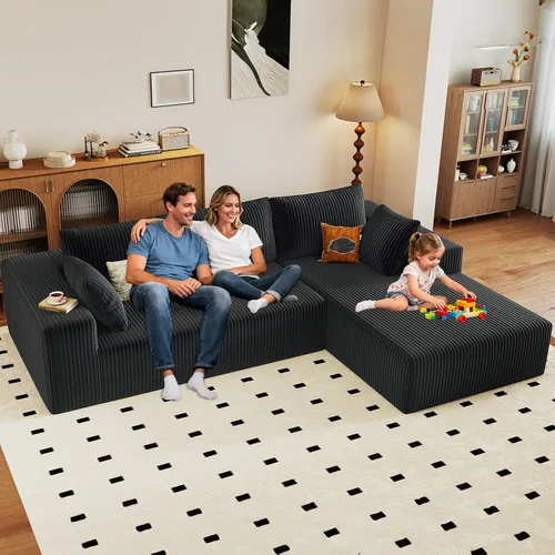 Vista 69 de Sofá modular de 96 pulgadas en forma de L, sofá modular de 3 asientos, sofá modular de pana de espuma viscoelástica sin hueso para sala de estar