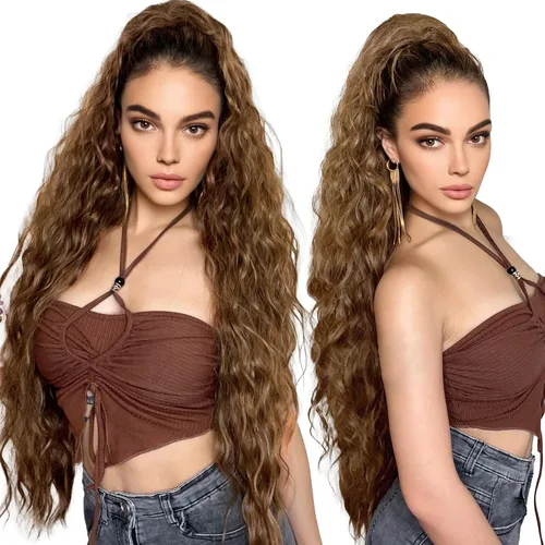 Vista 10 de HOOJIH Extensión de cola de caballo, extensiones de cabello con cordón para cola de caballo de 26 pulgadas de largo, pelo rizado y ondulado natural