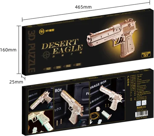 Vista 6 de MU Rompecabezas de madera 3D para adultos, kit de modelo de construcción de madera de águila del desierto, juguete de madera rompecabezas pistola