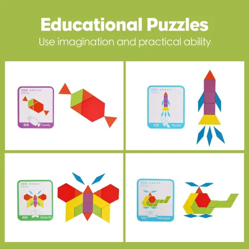 Vista 6 de Juego de bloques de madera con patrón de 155 piezas, rompecabezas de forma geométrica, Tangram de jardín de infantes, aprendizaje temprano