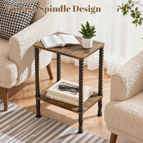 Vista 5 de Mesa auxiliar, mesa auxiliar pequeña, mesita de noche de 2 niveles con estantes de almacenamiento, mesa de centro para espacios pequeños, diseño