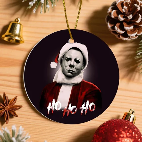 Vista 6 de Adornos Colgantes de Navidad Ho-Ho-Ho de 2 Lados Impresos 2025, Regalos de Terror de Navidad para Amantes de las Películas, Adorno de Cerámica