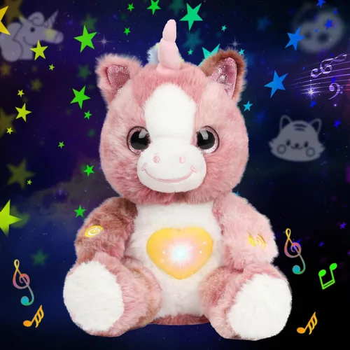 Vista 12 de Unicornio de peluche rosa con proyector de estrellas, musical, con volumen ajustable, luz nocturna, animales de peluche brillantes, juguetes