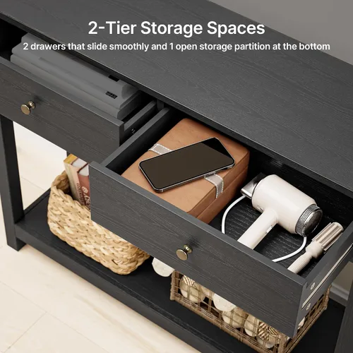 Vista 6 de Gizoon Mesa consola con 2 cajones, mesa de entrada de madera de 2 niveles con estantes de almacenamiento, mesa de sofá de madera de 39 pulgadas