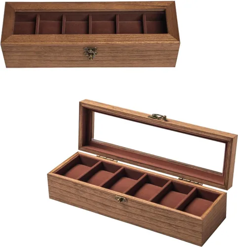 Vista 8 de Caja de reloj para hombres y mujeres, tapa de cristal grande, caja de almacenamiento de madera con 6 ranuras, organizador retro Burlywood