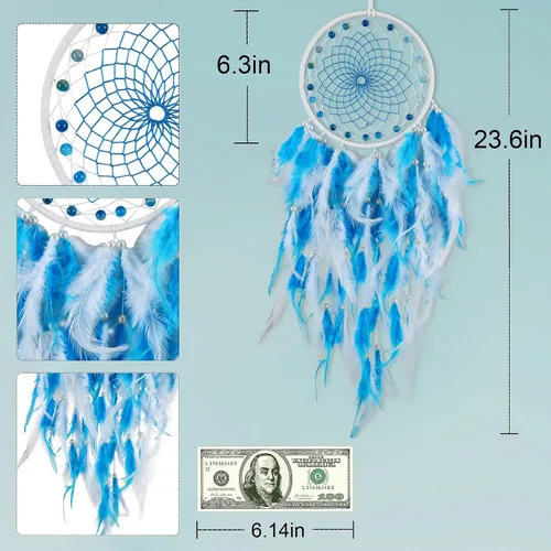 Vista 6 de Blue Dream Catchers - Plumas de pollo con perla de cristal, atrapasueños hecho a mano para dormitorio, atrapasueños para niñas, atrapasueños