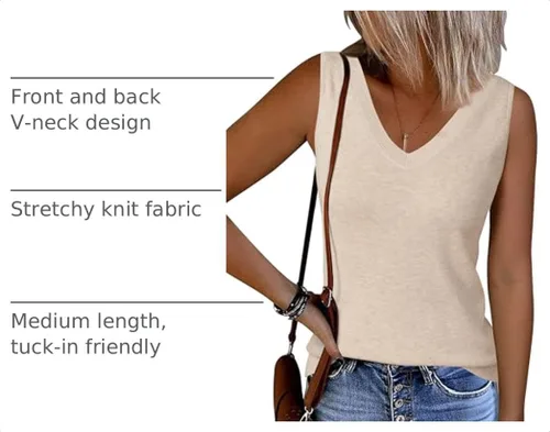 Vista 4 de Arach&Cloz Camiseta sin mangas de mezcla de lana para mujer, cuello en V Albaricoque