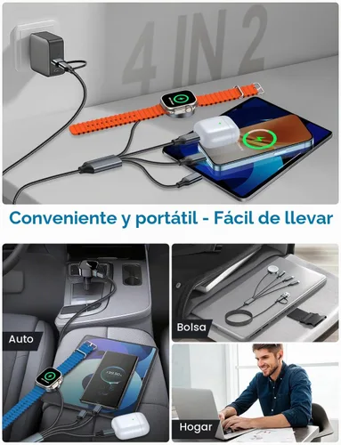 Vista 4 de Cable de carga múltiple para cargador de Apple Watch/cargador de iPhone, cable tipo C para iWatch Ultra/10-2/iPhone 17-11/Samsung S25-S20 1-negro