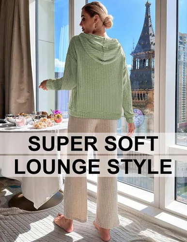 Vista 6 de Sudaderas con capucha suaves para mujer, 2023, elástica, de punto acanalado, de manga larga, a la moda, con bolsillos