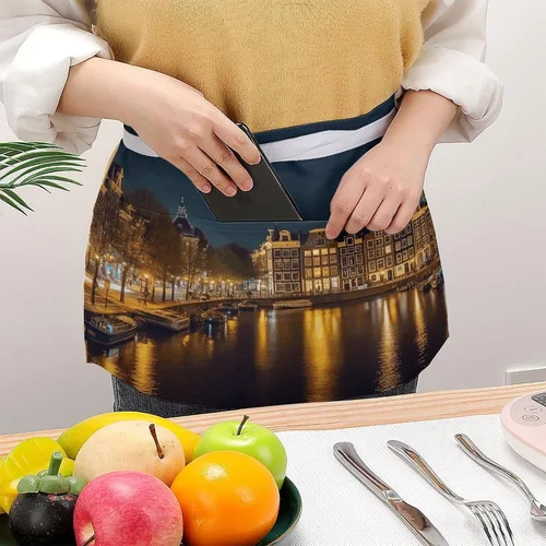 Vista 3 de Amsterdam Night View Print Server Aprons with 3 Pockets, Cute Waist Apron, Waterproof Half Apron for Cooking, Painting, Kitchen Baking, Service