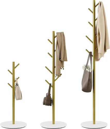 Vista 9 de Perchero con 8 ganchos, 3 alturas ajustables, moderno árbol de pasillo, soporte de metal resistente con base de piedra sinterizada para entrada