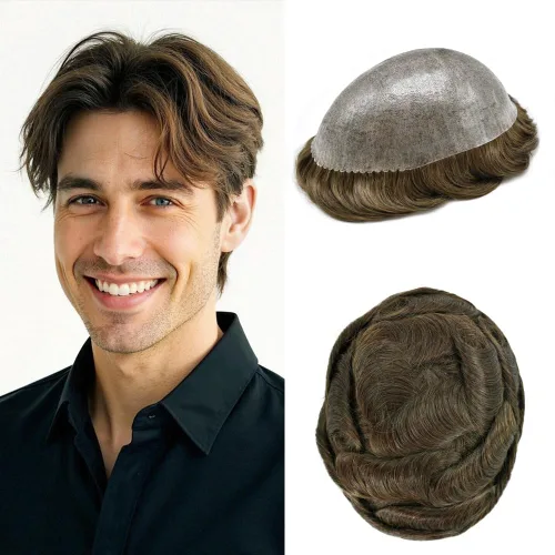 Vista 75 de Toupee para hombres pieza de pelo suave poli piel real sistema de cabello humano para hombre tupé durable PU piezas de pelo para hombres reemplazo