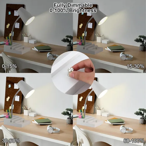 Vista 3 de LALISU Lámpara de escritorio de estudio con carga USB y luz nocturna tipo C, lámpara de mesa LED de cuello de cisne con atenuación continua, lámpara