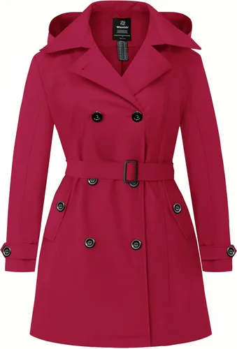 Vista 7 de Wantdo - Gabardina de mujer de talla grande con doble botonadura, impermeable, con solapa, abrigo elegante tipo pea con capucha desmontable Negro