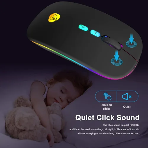 Vista 6 de CC Store Ratón Bluetooth inalámbrico LED y conexión instantánea de 2.4 GHz, recargable ultra silencioso, delgado, 3 DPI ajustables, 2 modos