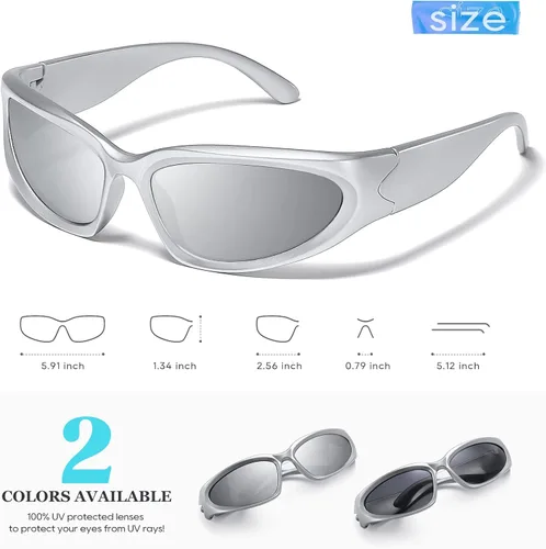 Vista 5 de JASPIN Y2K - Lentes de sol envolventes para mujeres y hombres, plateados, ovalados, modernos, deportivos, con protección UV400