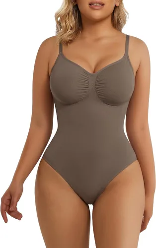 Vista 8 de SHAPERX Body de tanga con control de abdomen para mujer, sin costuras, cintura Tanga beige.