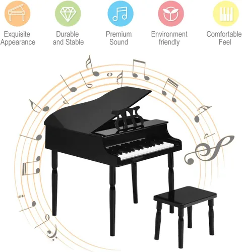 Vista 2 de Costzon Piano Clásico para Niños, Piano de Juguete de Madera con 30 Teclas, con Soporte para Partituras y Banco, Mini Juguete Musical para Niños