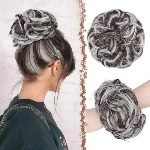 Vista 14 de FESHFEN Pieza de Cabello Grande de Moño Desordenado de Fibra Sintética Negro Azabache, 1.94 oz