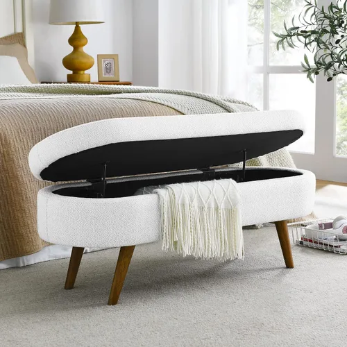 Vista 12 de 43.5” Storage Ottoman Bench，Upholstered Oval End of Bed Bench for Bedroom Beige