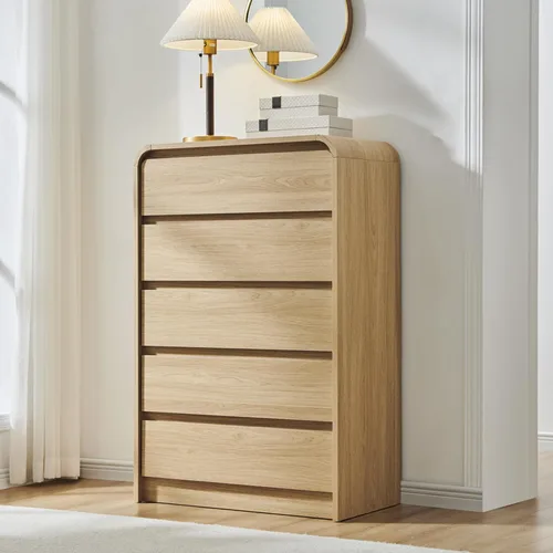 Vista 17 de Aitjunz - Cómoda moderna de 5 cajones para dormitorio, 45 pulgadas de alto, diseño de perfil curvo, cómoda vertical de madera estilo Mid-Century