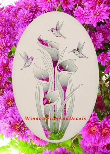 Vista 6 de Lily & Hummingbirds - Calcomanía ovalada para ventana, vinilo de vidrio, 21 x 33 pulgadas, color blanco con elementos de diseño transparentes