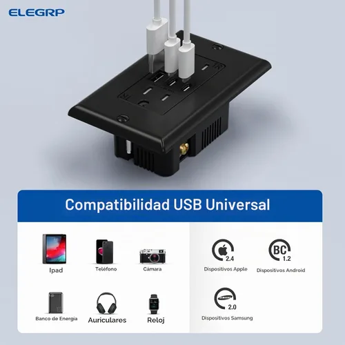 Vista 3 de ELEGRP Tomacorrientes USB, tomacorriente de pared de 15 amperios con 3 puertos USB, tomacorrientes con puertos USB C duales, receptáculos