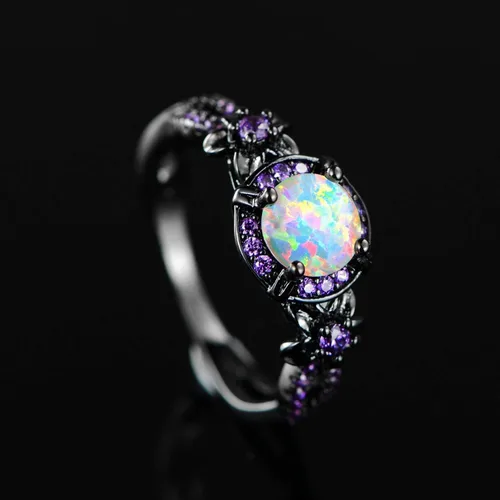 Vista 5 de Opaltop - Anillo de compromiso chapado en negro con ópalo de fuego blanco y amatista tallas 5 a 10 para niñas y mujeres latín 8 negro aro