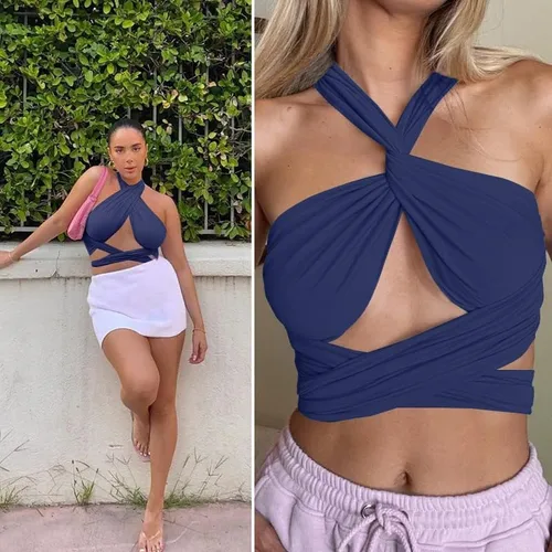 Vista 4 de ZAFUL - Ombliguera cruzada estilo halter de tejido acanalado para mujer camiseta sin mangas tipo con diseño fruncido y con lazos
