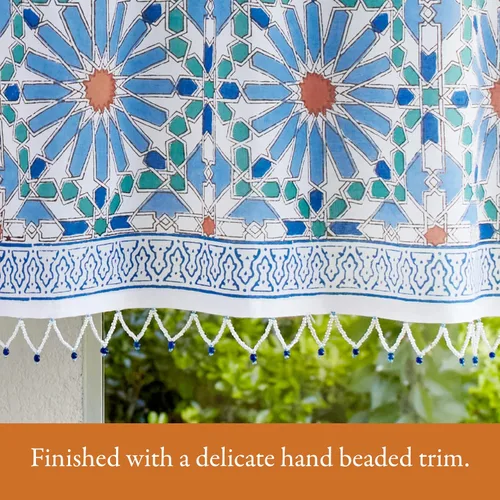 Vista 3 de Saffron Marigold Cortina de cenefa impresa a mano con ribete de cuentas, mosaique azul cielo principal, perfecta para cocina, dormitorio, baño