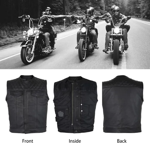 Vista 5 de GARGOYLE BELLS Chaleco de cuero para hombre, estilo SOA, con bolsillos para pistolas, chaleco para motociclista, para hombre Negro con acolchado