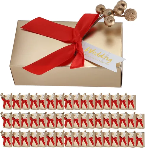 Vista 10 de Cajas de recuerdos de fiesta con lazo, 50 unidades, cinta de champán, caja de regalo de papel de caramelo, bolsas rectangulares con purpurina
